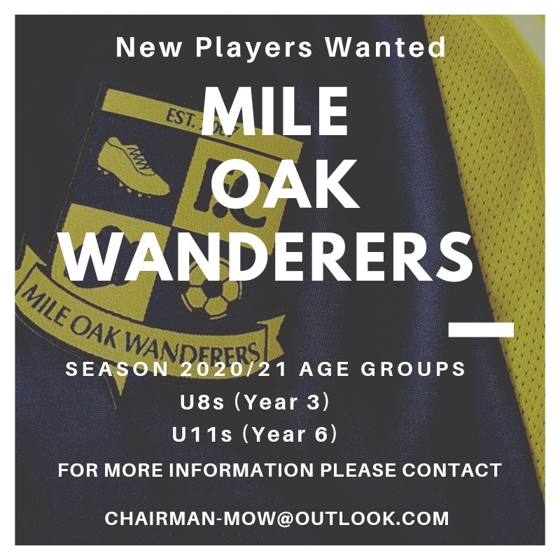 MOWFC's tweet image. NEW PLAYERS WANTED

Mile Oak Wanderers are looking for new players at the below age groups.

Current season U8s (Year 3) &amp;amp; U11s (Year 6)

For more info contact Chairman-mow@outlook.com