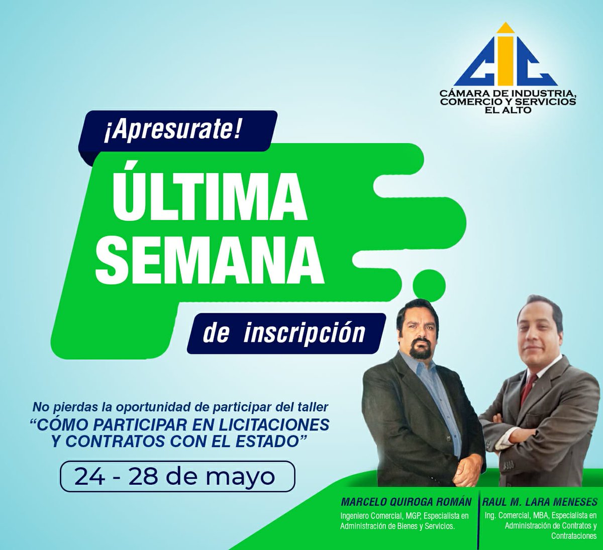 CAINCO EL ALTO (@cainco_el_alto) on Twitter photo ⚠️⚠️ÚLTIMA SEMANA ⚠️⚠️
No pierda la oportunidad de tomar el taller "COMO PARTICIPAR EN LICITACIONES Y CONTRATOS CON EL ESTADO" la cual se llevara en las modalidades PRESENCIAL/VIRTUAL.
wa.link/5tudqi
#CaincoElAlto
#Empresarios
#Licitacionesycontratos ⚠️⚠️ÚLTIMA SEMANA ⚠️⚠️
No pierda la oportunidad de tomar el taller "COMO PARTICIPAR EN LICITACIONES Y CONTRATOS CON EL ESTADO" la cual se llevara en las modalidades PRESENCIAL/VIRTUAL.
wa.link/5tudqi
#CaincoElAlto
#Empresarios
#Licitacionesycontratos