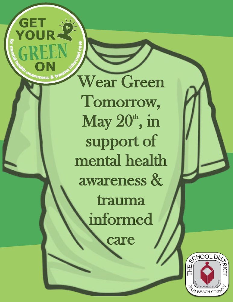 ms__lang's tweet photo. May is Mental Health Awareness Month. Tomorrow, wear green to support the awareness of mental health! Share with me how you take care of your own mental health when things are tough. #SCChat #FSUSC https://t.co/yXT0UZGBeH