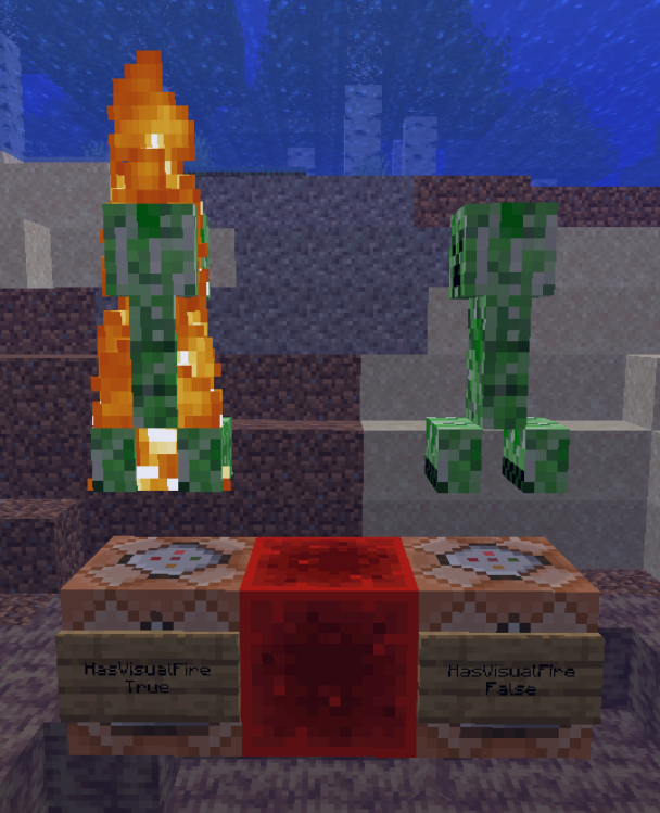 DATApACKNEWS's tweet photo. Minecraft snapshot 21w20a adds a new "HasVisualFire" NBT flag for entities. Setting it to true will make the entity display on fire, even if it's not actually on fire.
The fire persists underwater (as noticed by/visual courtesy of Arbo on the Minecraft Commands Discord server). https://t.co/eWrnHG9szK