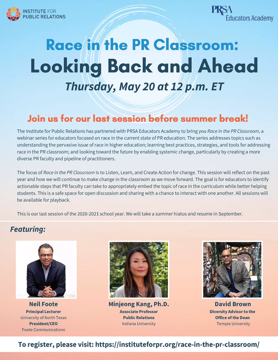 Please join us tomorrow for our last discussion of the term for this important series - 12PM ET. Register at: instituteforpr.org/race-in-the-pr…