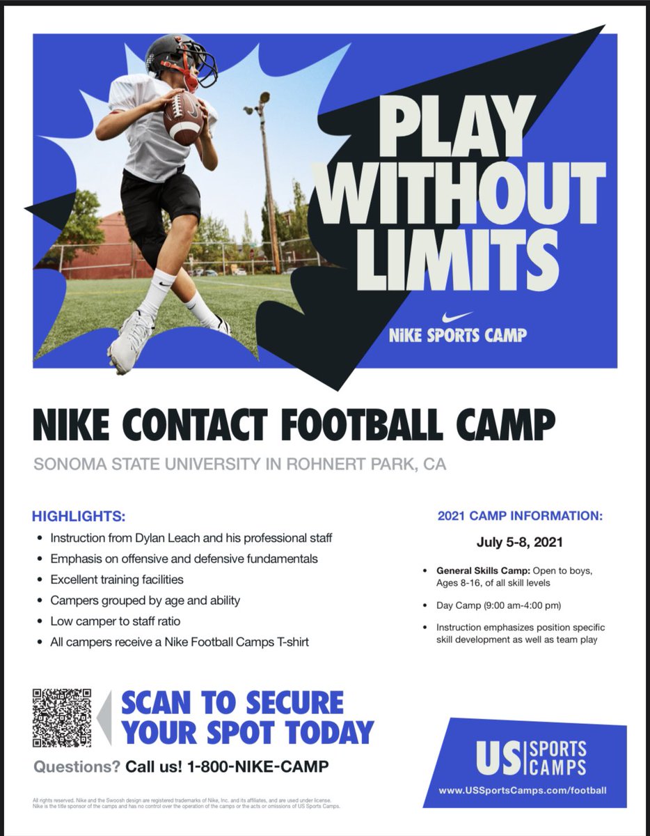 Nike Contact Football Camp this summer!  Led by <a href="/Coachleach19/">Dylan Leach</a> of Vintage High School. 
Scan the QR code to register!
<a href="/ussportscamps/">US Sports Camps</a> <a href="/NikeSportsCamp/">Nike Sports Camp</a>