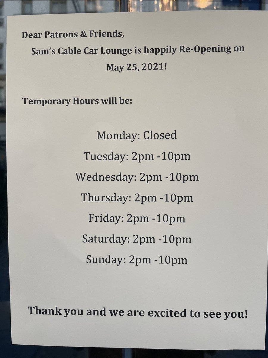 cablecarlounge's tweet photo. #samscablecarlounge #bars #unionsquaresf #SanFrancisco #restaurants #reopen https://t.co/ZzBNU4BzLG