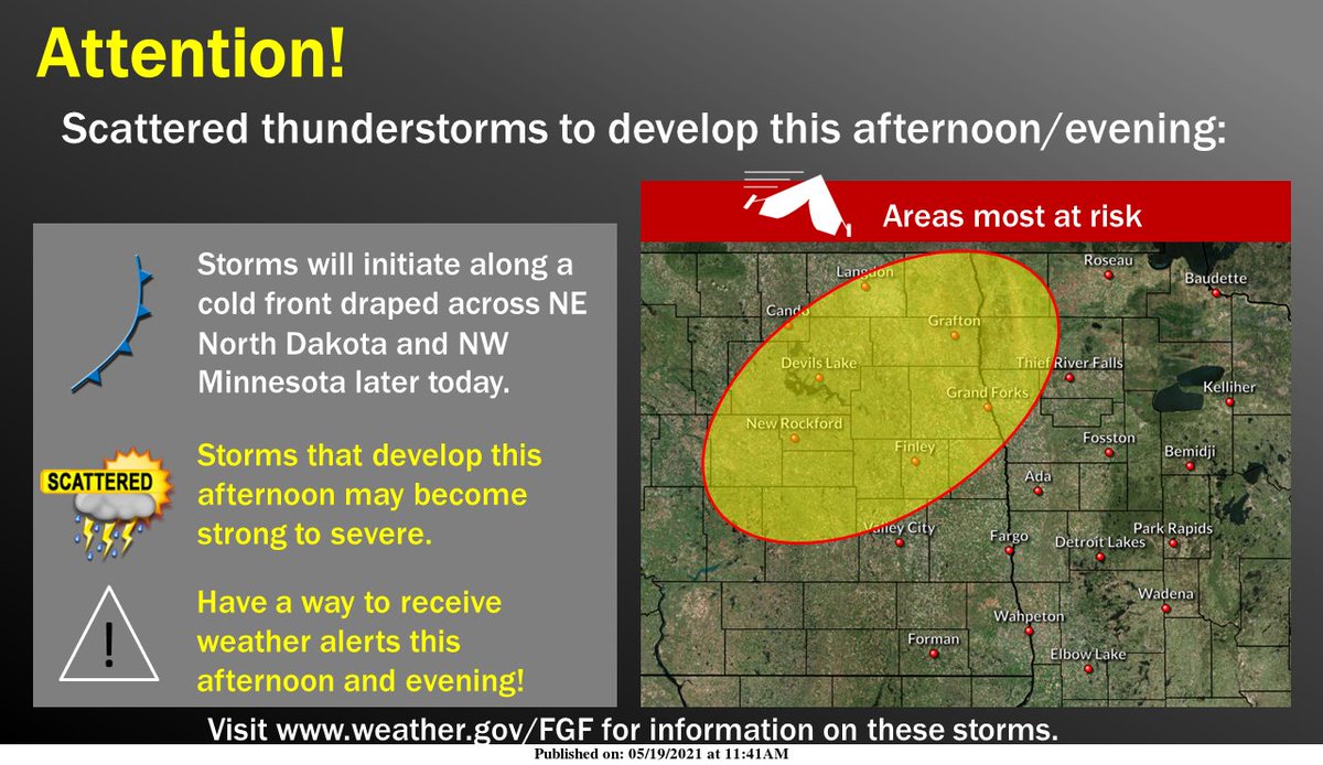 Scattered strong to severe thunderstorms are expected to develop late this afternoon into the evening across portions of NE North Dakota and NW Minnesota. Main threats will be damaging wind gusts with the possibility for an isolated tornado. Stay weather aware today! #ndwx #mnwx https://t.co/wauhKTaRL5