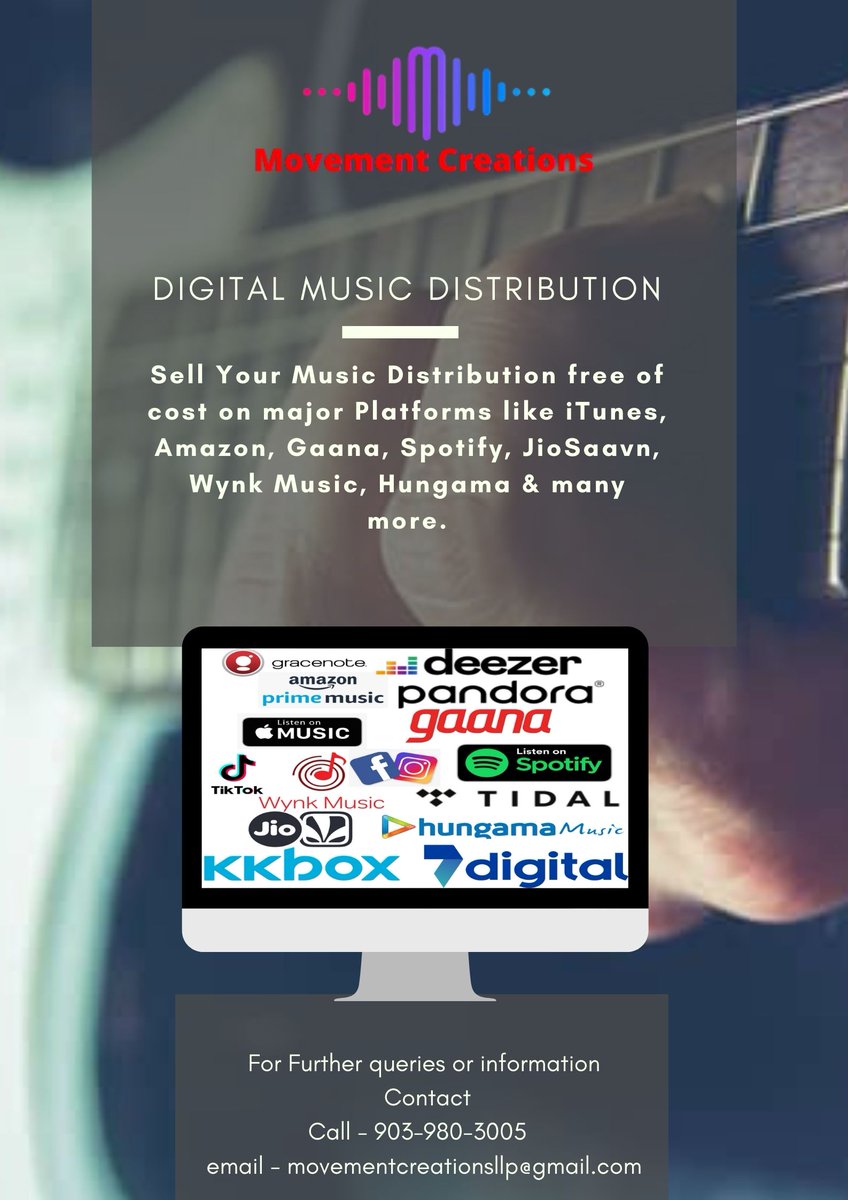 Sell Your Music Distribution free of cost on major platforms like iTunes, Amazon, Gaana, Spotify, JioSaavn, Hungama etc.
• Contact Us : movementcreationsllp@gmail.com
                     : IND+91-9039803005
Calling & Whatsapp
#MusicDistribution #ReleaseMusic #songrelease