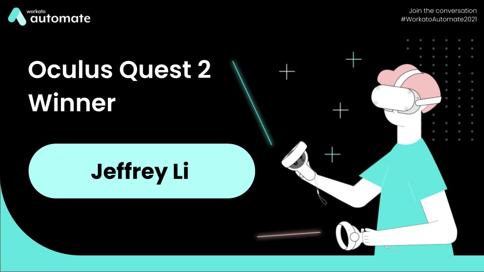 Workato's tweet image. The moment you&apos;ve all been waiting for... The #AutomateChallenge winners! Congrats Imani, @Pipefy, and @NetrovertI on the most innovative automation. Also congrats Jeffrey Li on winning the Oculus Quest 2! S/O to all who participated. We couldn&apos;t have done it without you!