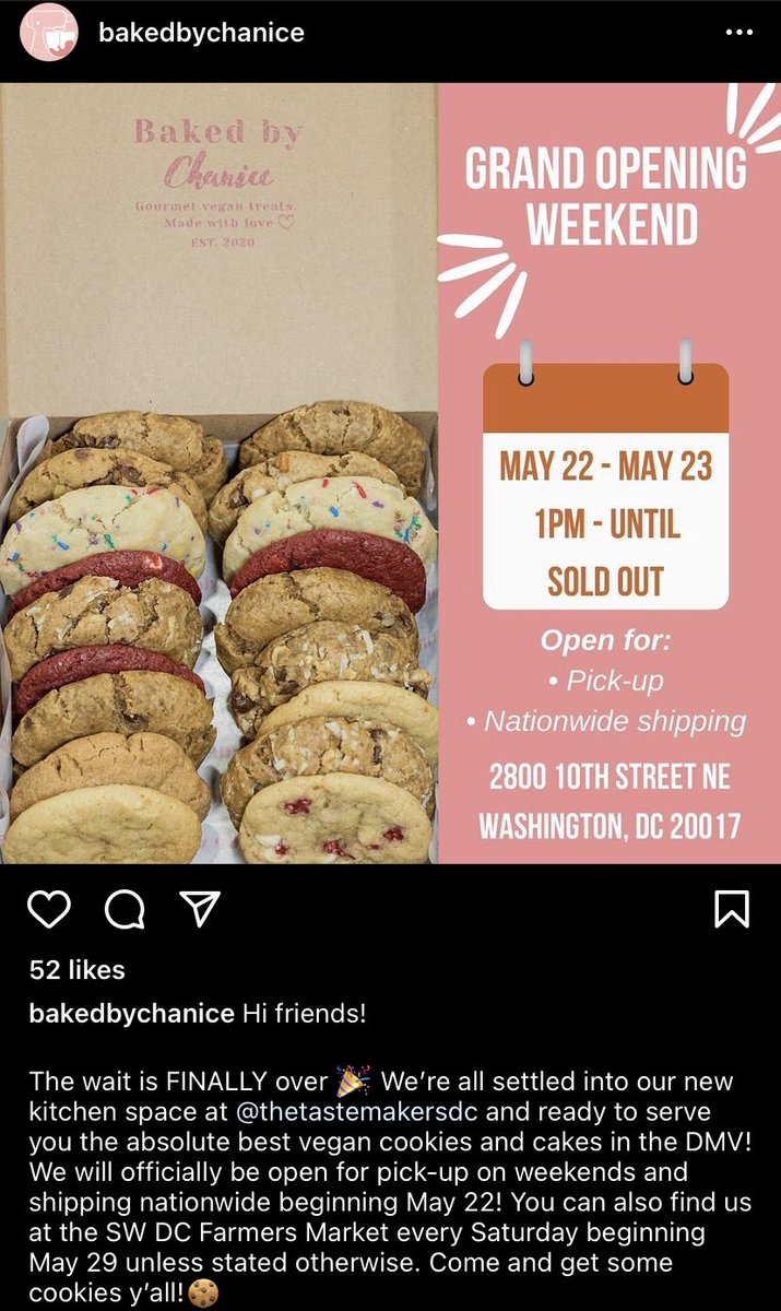 Black Woman-Owned Vegan Bakery in Dc!!! 

“19-Year-Old Entrepreneur Opens Gourmet Vegan Bakery in Washington, D.C.”

📍Baked By Chanice 

2800 10th St NE, Washington, DC