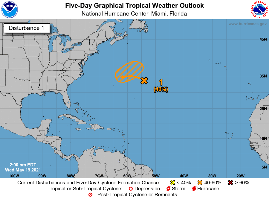 NHC_Atlantic's tweet photo. May 19, 2 pm EDT: NHC is monitoring a system over the west-central Atlantic Ocean that has a 40% (medium) chance of becoming a short-lived subtropical cyclone to the northeast of Bermuda this weekend. https://t.co/g1fCPhH5tJ