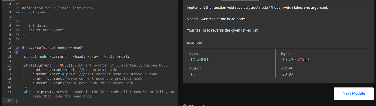 LearnComputerP1's tweet image. Implement the function void reverse(struct node **head) which takes one argument.
&head - Address of the head node.
Your task is to reverse the given linked list.
