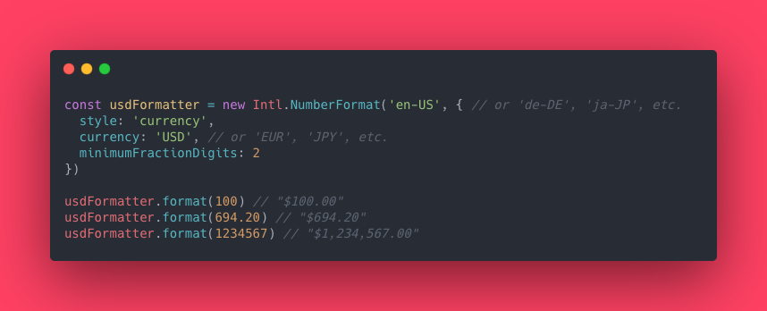 devsamples's tweet image. Javascript comes with some great currency formatting options, no need to use a third-party library in most cases. Here&apos;s one example:

#javascript #100DaysOfCode #CodeNewbie #Currency #CodeNewbies
devsamples.com/javascript/for…