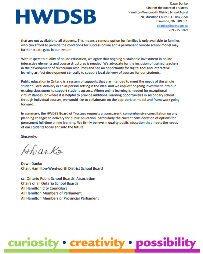 "We firmly believe in quality public education that meets the needs of our students today and into the future."

Trustees have voiced concerns surrounding a permanent online learning proposal in a letter to Education Minister Stephen Lecce. 

Read it here: hwdsb.on.ca/blog/trustees-…