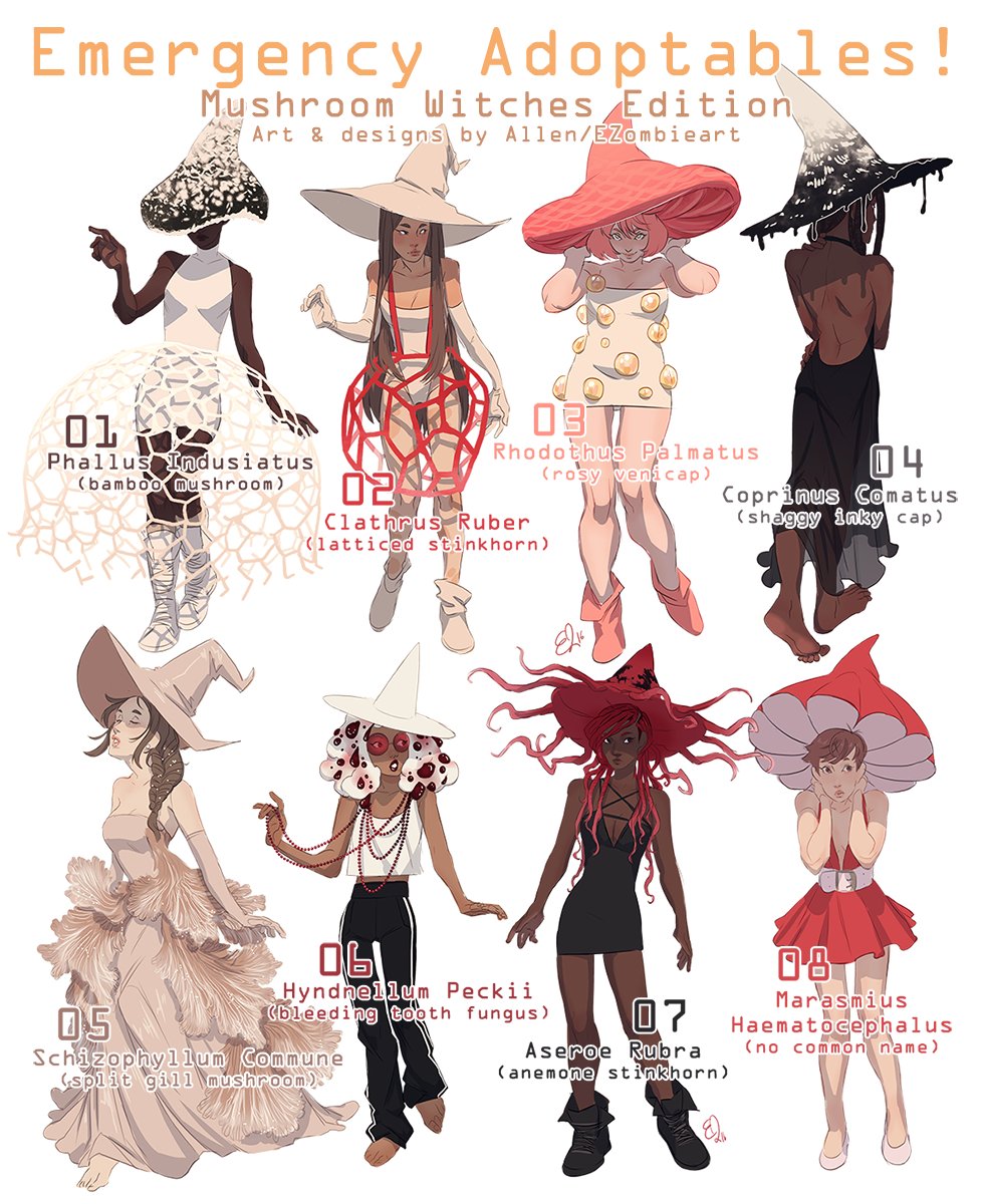 flash adoptables sale nr. 2, this time it's the MUSHROOM WITCHES design series!🍄now on sale for 50$USD each (half-price since they are older designs... even if its so hard to let them go T^T)✨

FAQ & ToS in thread, RTs appreciated! 🧙‍♀️ 