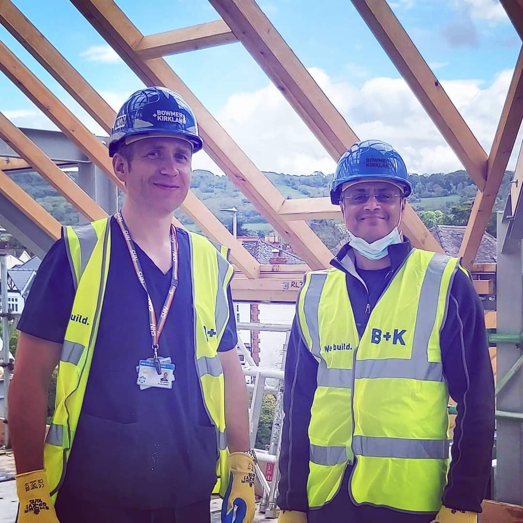 Busy GPs Dr Ropner and Dr Shyamapant took some time out yesterday to don their hard hats and view progress at the new Wilson Health Centre.
