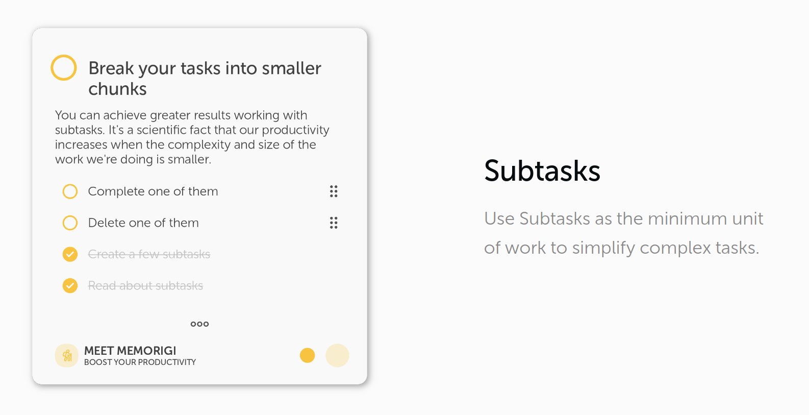 Memorigi When Faced With A Big Task Break It Down Into Smaller More Manageable Parts This Will Help You Avoid Stress And Procrastination Try Memorigi Subtasks At T Co Rb6f1lywbv Memorigi Productivity