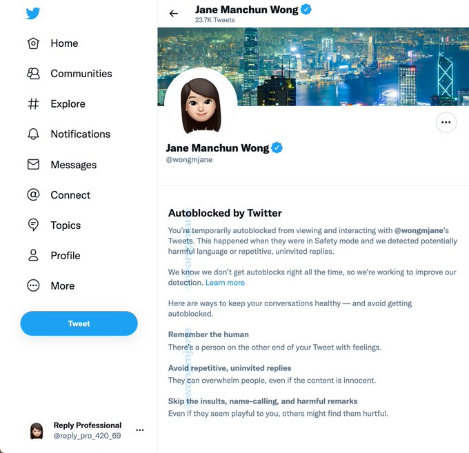 on profile page, if you’re autoblocked by twitter:

Autoblocked by Twitter
You’re temporarily autoblocked from viewing and interacting with @wongmjane’s Tweets. This happened when they were in Safety mode and we detected potentially harmful language or repetitive, uninvited replies.
We know we don’t get autoblocks right all the time, so we’re working to improve our detection. Learn more
Here are ways to keep your conversations healthy — and avoid getting autoblocked.
Remember the human
There’s a person on the other end of your Tweet with feelings.
Avoid repetitive, uninvited replies
They can overwhelm people, even if the content is innocent.
Skip the insults, name-calling, and harmful remarks
Even if they seem playful to you, others might find them hurtful.