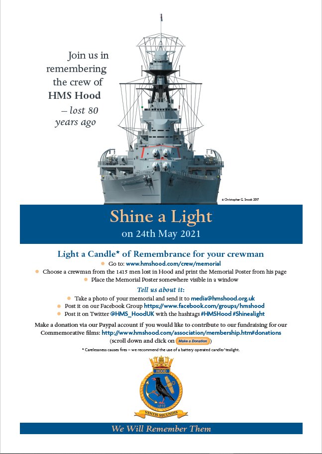 HMS_HoodUK's tweet photo. We would be honoured if you would like to join us in Remembering those lost in HMS Hood 80 years ago this May 24th. 
Please help us #ShineaLight for #HMSHood and help us remember those who never came home. https://t.co/fCvnB235Tq