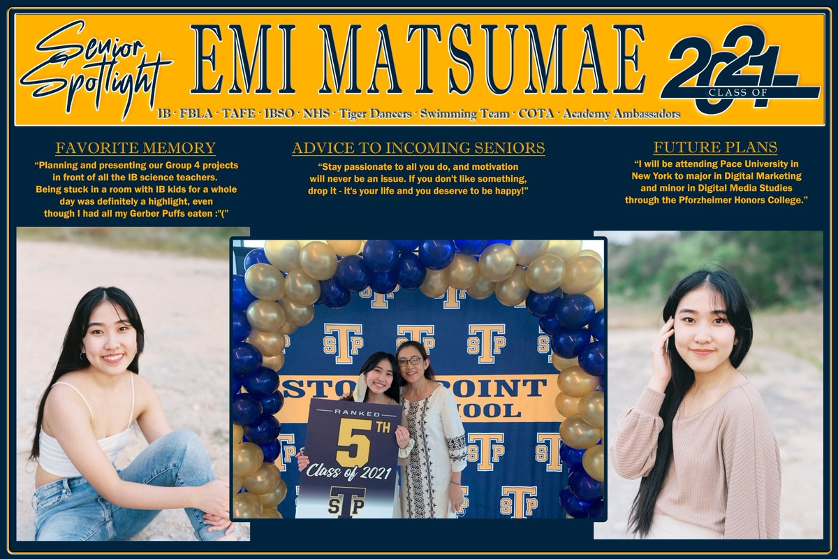 Celebrating another of STP's Top 10! Coming in at #5 Congratulations to Emi Matsumae!! Best of luck as you travel to New York and keep up the fabulous work!!

#STPSeniorsRise
#SeniorSpotlight
#Senior2021