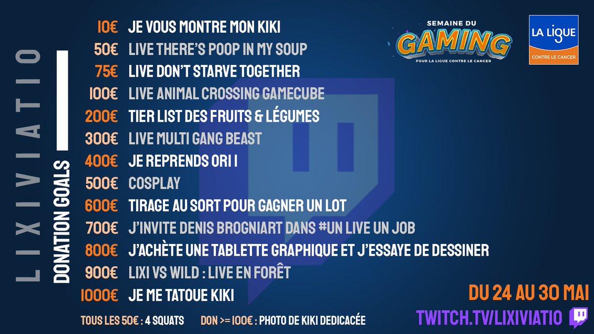 .#LaSemaineDuGaming pour <a href="/laliguecancer/">La Ligue contre le cancer</a> ça commence lundi !

Voici les donations goals pour la chaine, j'espère qu'ils vous plaisent, j'ai eu du mal 🙃
Je poste le planning en fin de semaine, et j'espère vous voir nombreux(ses) pour soutenir la cause 💙

twitch.tv/lixiviatio