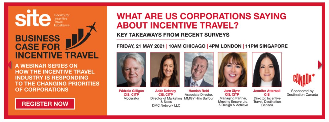 Padraicino's tweet image. What are corporations saying about #IncentiveTravel? @SITEGlobal has some answers on Friday 21 May - 10am Chicago | 4pm London. Register NOW for our latest webinar.
ow.ly/2XhE50EQ3sS @DestinationCAN