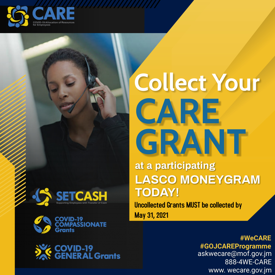 MOFJamaica's tweet photo. Approved #SETCash applicants who have still not collected their funds, have until May 31, 2021 to do so at any participating LASCO MoneyGram.
View participating agents at https://t.co/elXZq1mjz7.
#CAREProgramme
#WeCARE
#MOFJamaica https://t.co/RUUbD0oIls