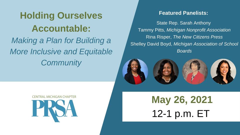 CMPRSA's tweet photo. DON'T MISS OUT! Join #CMPRSA NEXT WEEK, on May 26 at noon for a panel discussion on accountability and inclusion in PR. Panelists include State Rep. Sarah Anthony, Shelley Davis Boyd, Rina Risper and Tammy Pitts. 

Visit the link below to register. https://t.co/rW52qqt6hn https://t.co/saIa5yJZv7