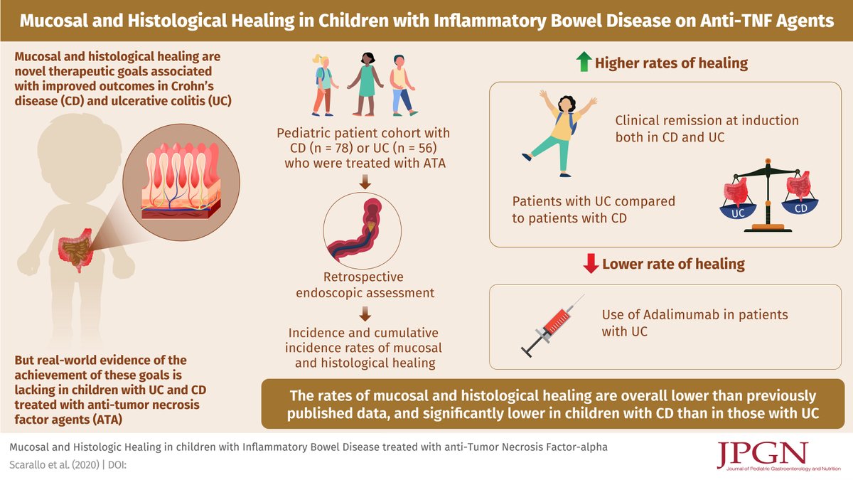 JPGNonline's tweet photo. Scarallo et al examined rates of mucosal (MH) and histologic healing (HH) in children treated with anti-TNF for #IBD using real life data:

👉🏻 Rates of MH and HH both below previously published data
👉🏻 Rates of MH and HH both higher in #ulcerativecolitis vs #Crohns https://t.co/YYpwlCyCR1