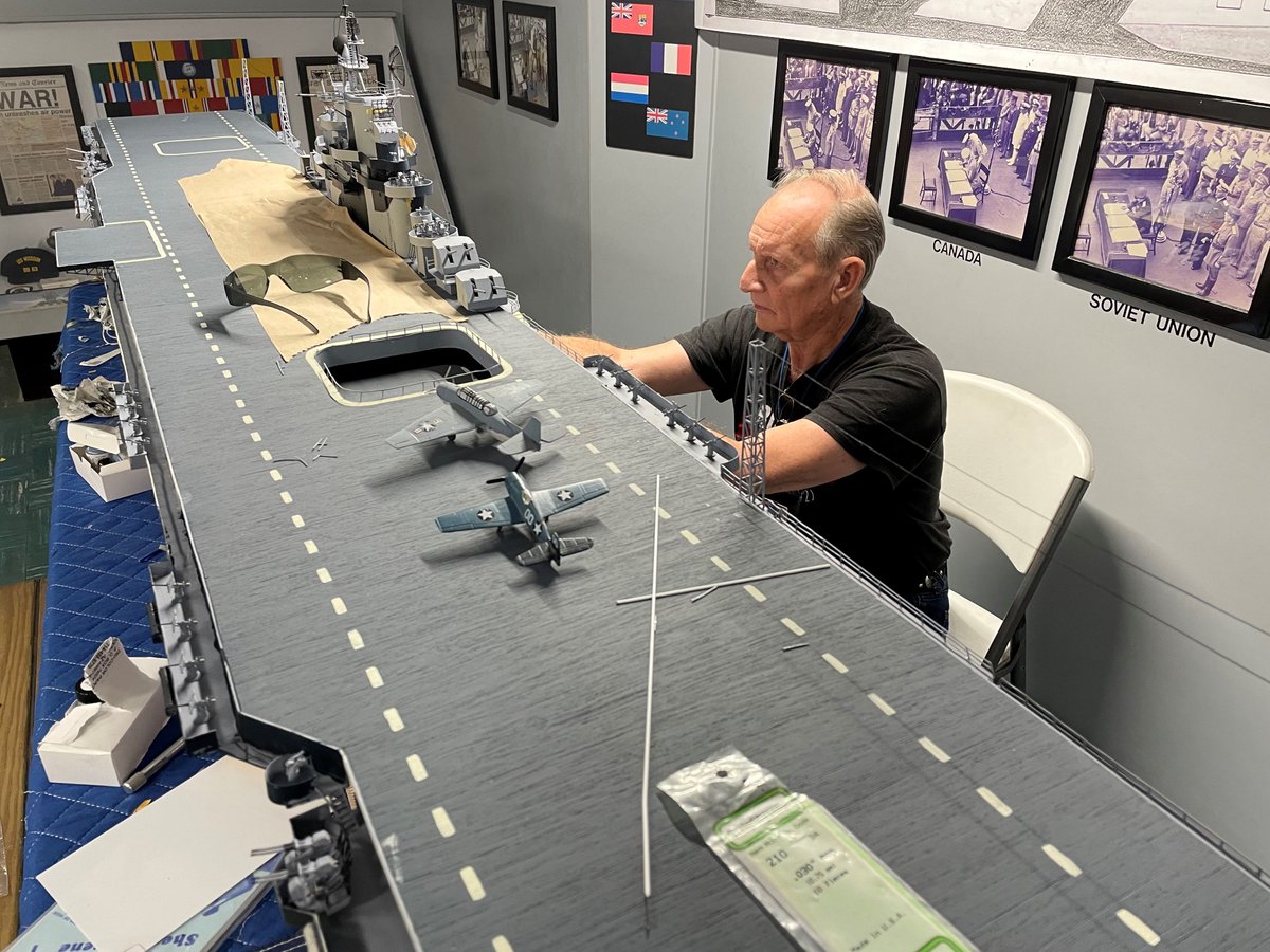 Our volunteers have a variety of skill sets, including expert model building! Marion Miller is currently working on this model of the #USSHancock. He is improving the accuracy by updating the existing model to the ship's World War II paint configuration. #patriotspoint