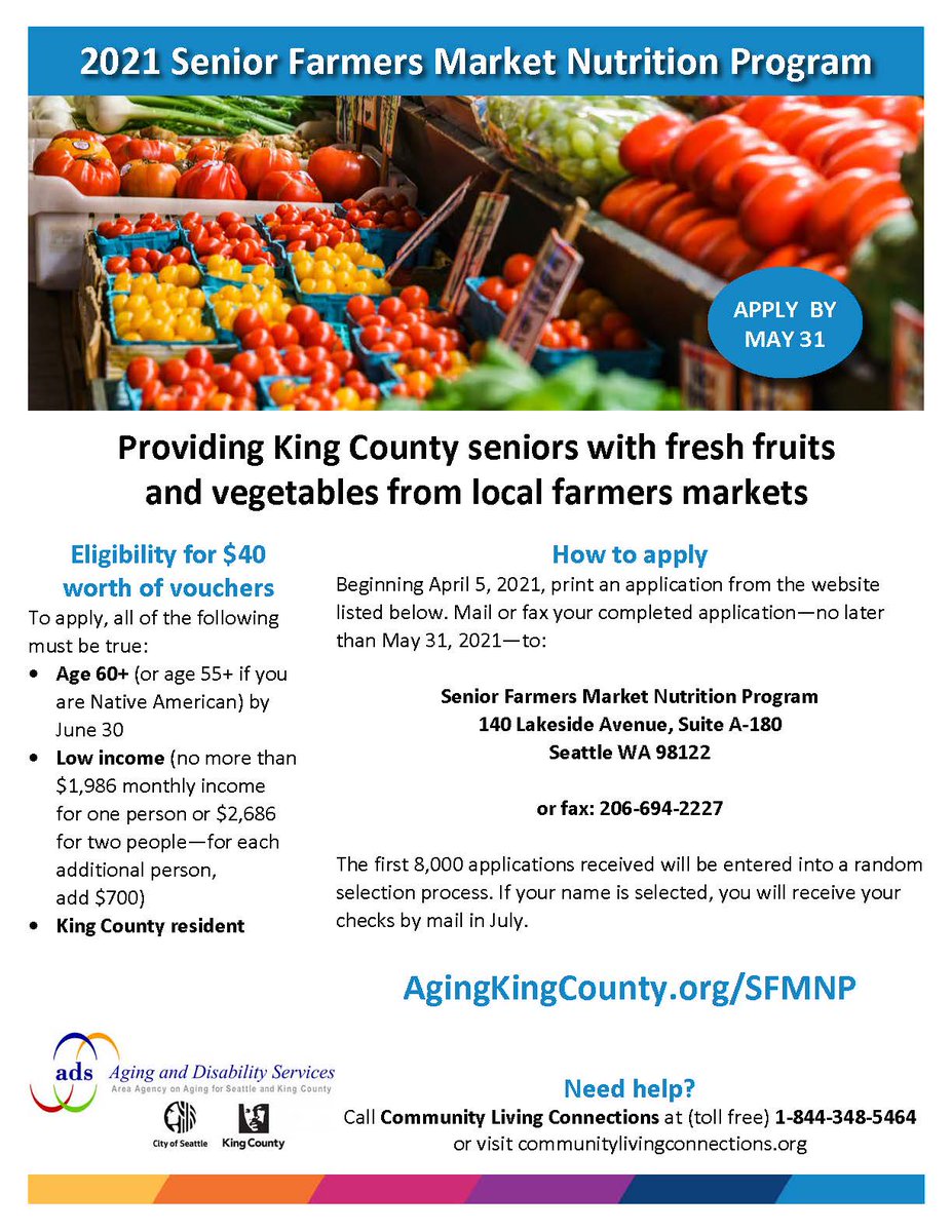 Application deadline for the <a href="/SeattleHSD/">Seattle Human Services</a> <a href="/AgingKingCounty/">Aging King County</a> Senior Farmers Market Nutrition Program EXTENDED to 5/31. More info at AgingKingCounty.org/SFMNP. Applications available in #Cambodian #Chinese #Korean #Laotian #Russian #Somali #Spanish #Tagalog #Ukrainian &amp; #Vietnamese.