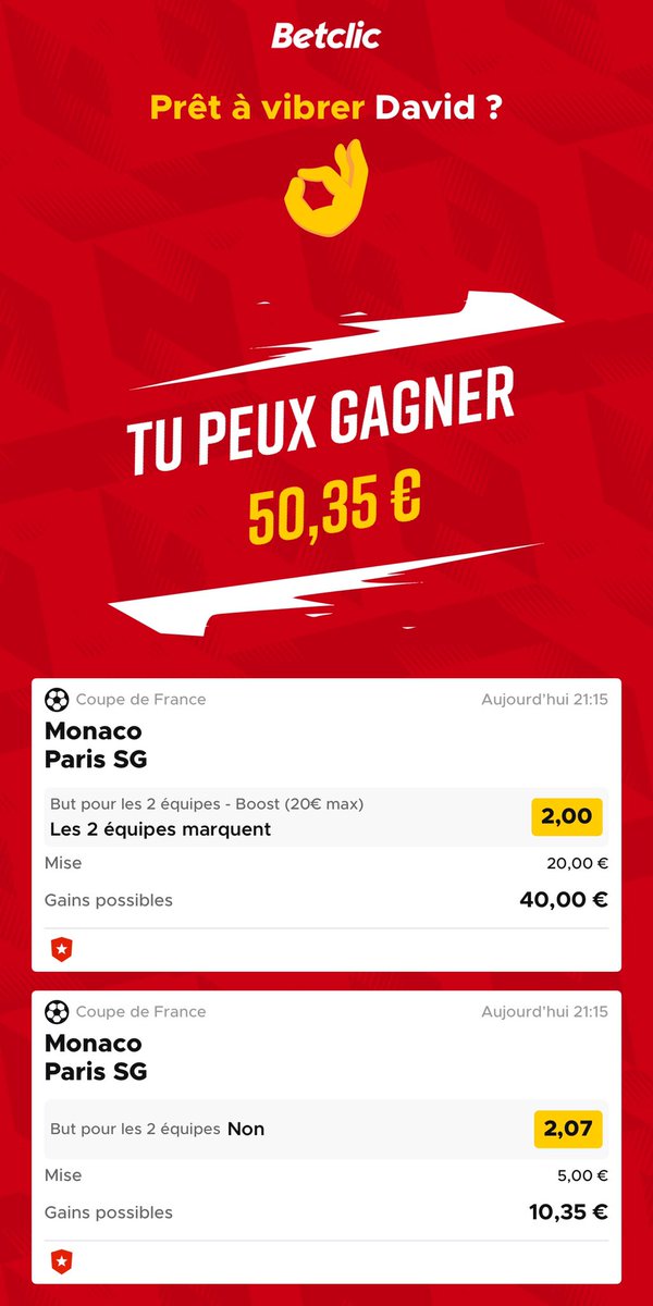 DavidHashtag99's tweet photo. 🚨 #surebet +0,95€ &amp; ⚡️#BetclicPourLaGloire⚽️

👉 Investissement
-39,05€

👉 Retour
+40€

👉 Bilan
+0,95€
+5€ freebets #Betclic 

👀 Les détails en images.

ℹ️ Activez la 🔔 pour ne rien manquer

#TeamParieur https://t.co/TBFCx62jnf