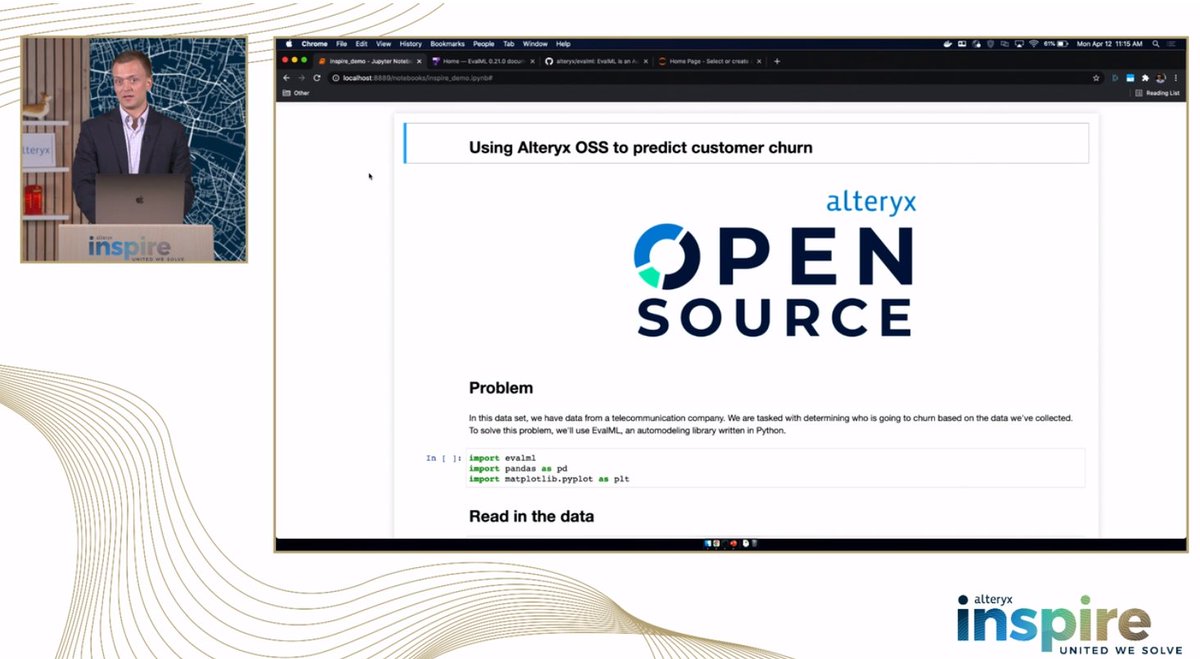 DavidSweenor's tweet photo. Great to see Tyler Heinl of @AlteryxOSS delivering a #Python #EvalML demo of customer churn. #AutoML in action! #AlteryxInspire
https://t.co/TG9MA2QLOM https://t.co/xUn3X0ZHLU