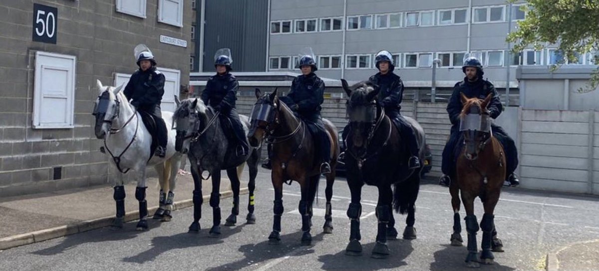 MetTaskforce's tweet photo. Good day for the new recruits training at The Met Police public order Training centre who got to see the horses from @MPSLewisham in action too for their level 3 Training #policehorses #MPSTC #Taskforce https://t.co/VwuvyGN2Ag