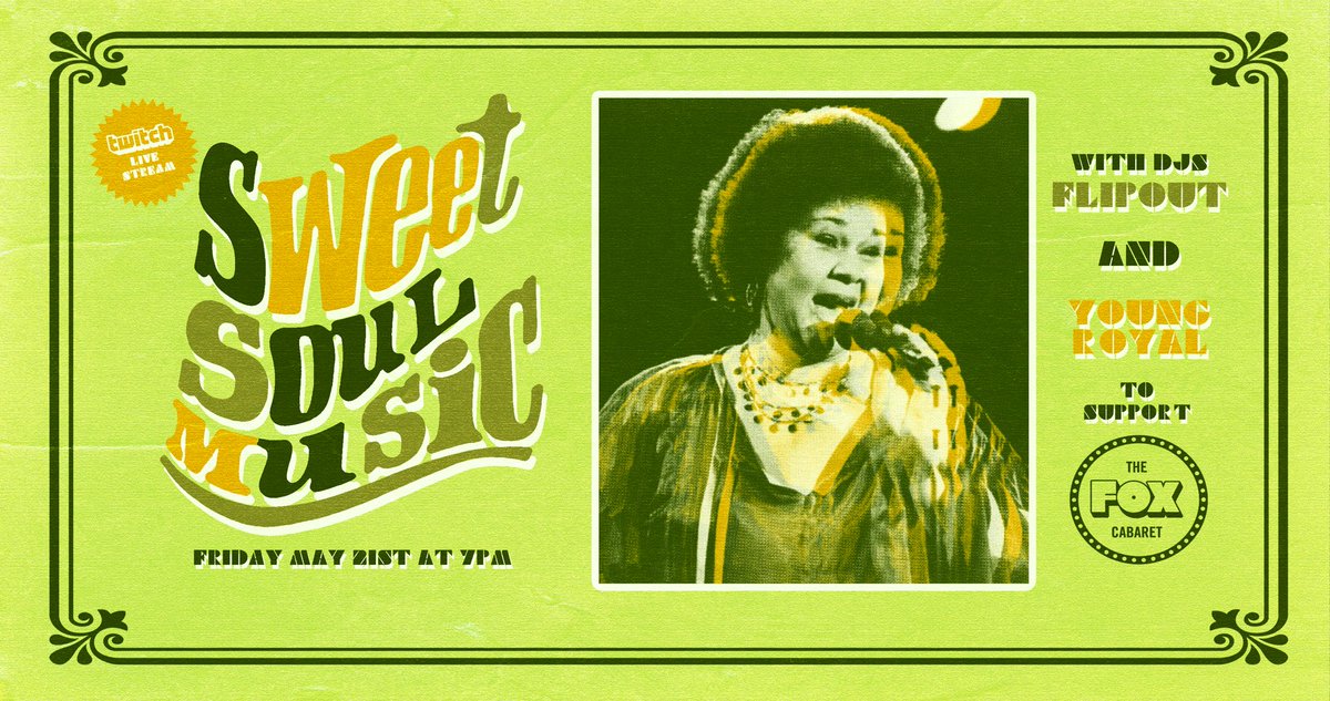 This Friday <a href="/Flipout/">Elsewhere Sonido</a> and I are doing another Twitch Livestream edition of Sweet Soul Music! The whole thing kicks off on my twitch at 7PM. We’re doing this one in support of our friends <a href="/FoxCabaret/">Fox Cabaret</a>! 🙏 bit.ly/3fylu3F