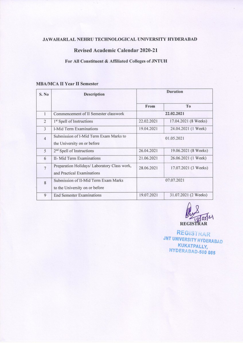 jntuhofficial's tweet photo. #jntuh Revised Academic calendar -B. Tech.- B.Pharm. II &amp; III Year - II Semester, MBA-MCA II Year II Semester and Pharm. D (Regular) II, III, IV, V Year and Pharm.D (PB) II Year https://t.co/Mz6HF1uQ6r