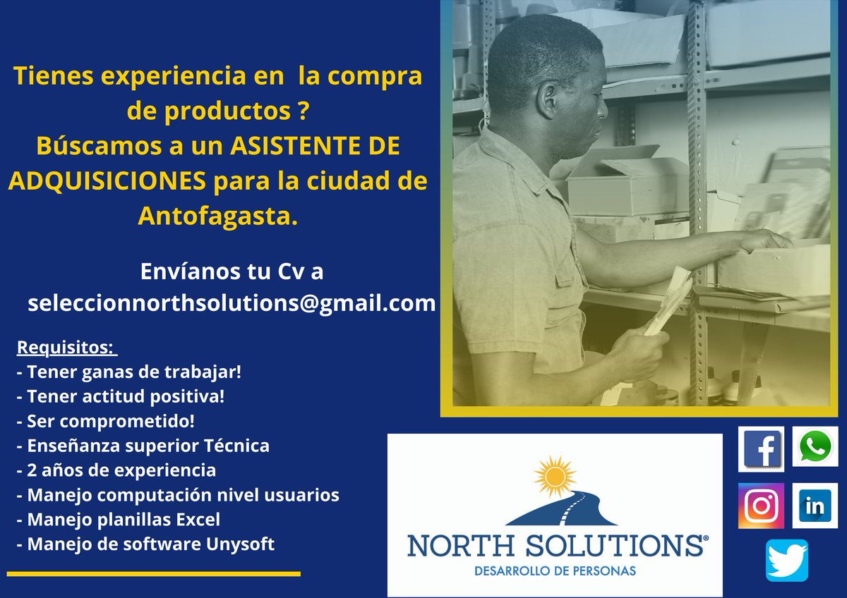 NorthSolutions1's tweet photo. #haypega #trabajoantofagasta buscamos un Asistente de Adquisiciones para #Antofagasta, envíanos tu CV a seleccionnorthsolutions@gmail.com https://t.co/f6C008emNc