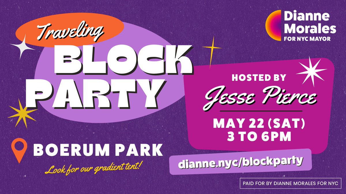 Dianne Morales (@dianne4nyc) on Twitter photo Join us in Brooklyn this Saturday for the next stop on our #PoliticsForAllPeople Tour! Hosted by AD52 District Leader <a href="/jessepiercebk/">Jesse Pierce 🚲</a>, our gradient tent and <a href="/TeamMayorales/">Team Mayorales ☀️</a> will be set up in Boerum Park with food, fun & campaign merch!
Hope to see you there: mobilize.us/dianne4nyc/eve… Join us in Brooklyn this Saturday for the next stop on our #PoliticsForAllPeople Tour! Hosted by AD52 District Leader <a href="/jessepiercebk/">Jesse Pierce 🚲</a>, our gradient tent and <a href="/TeamMayorales/">Team Mayorales ☀️</a> will be set up in Boerum Park with food, fun & campaign merch!
Hope to see you there: mobilize.us/dianne4nyc/eve…