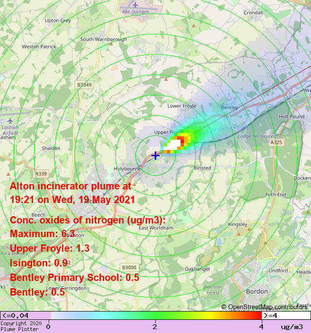 plumeplotter's tweet photo. Latest Alton incinerator plume plot, 19:21 19/05/21 #UpperFroyle #Isington #Bentley https://t.co/VMzYTwGnPN https://t.co/P3tTN0H6fs