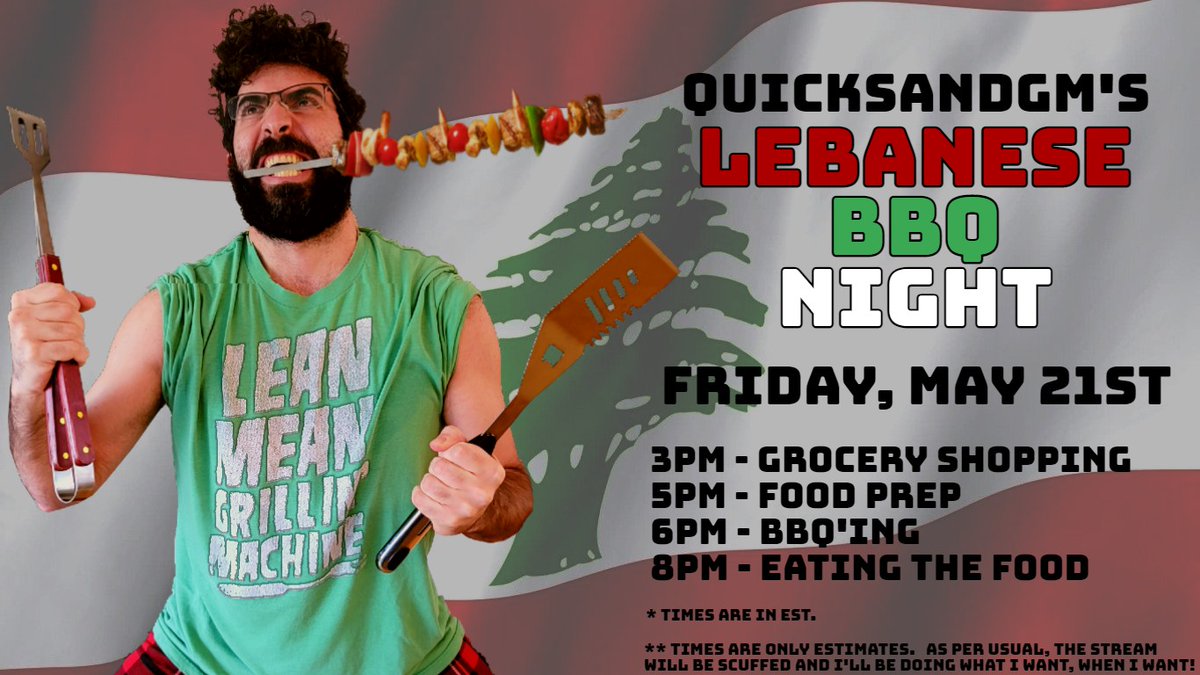 QuicksandGM's tweet photo. You are hereby invited to Quick's
🥩🍴LEBANESE BBQ NIGHT🥩🍴
#BBQStream #LebaneseCooking #CookingStream #IRLStream #TwitchIRLStream #SmallStreamer #SupportSmallStreamers #TwitchClips #Twitch #TwitchTV #TwitchStreamer #TwitchAffiliate #TwitchGaming #TwitchGamer #TwitchLive https://t.co/WDCOXwZkbJ