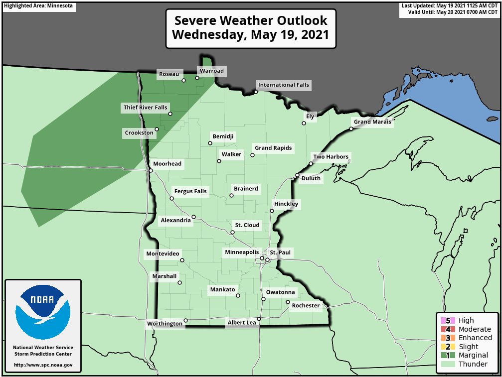 There is now a #MARGINAL (1/5) risk today for #SevereWeather across far Northwestern #Minnesota and Eastern #NorthDakota.

The main hazard is damaging winds over 60 MPH.

Follow @NWSGrandForks and @iembot_fgf for 24/7 weather alerts from the NWS.

#MNwx #NDwx #ThiefRiverFalls https://t.co/98PNreKX2W