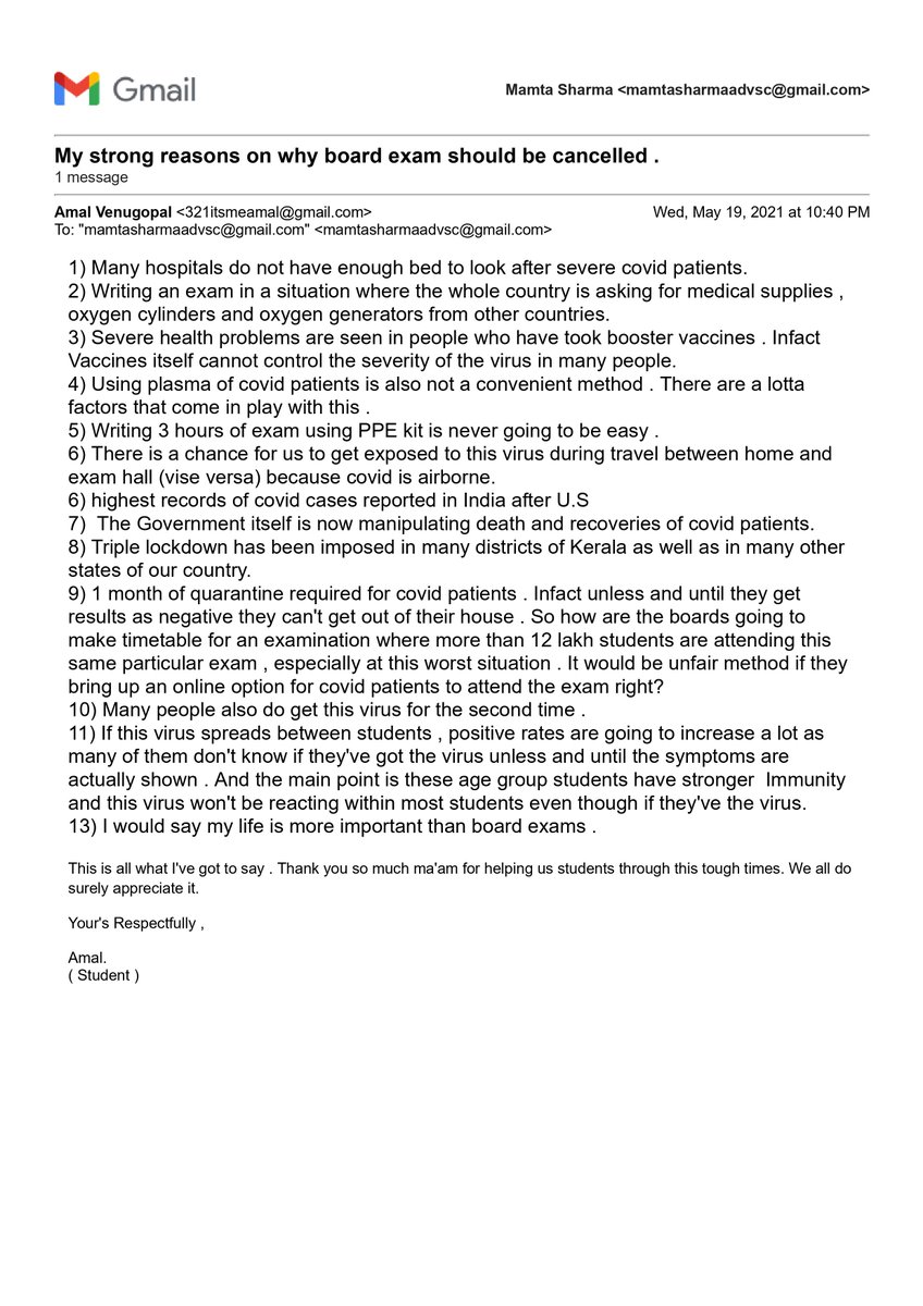 AdvMamtaSharma's tweet photo. Sharing one of the email picked randomly. Feeling Proud on young students and their impressive reasoning for cancellation of exams. You all are full of talent. Utilize this time in enhancing your skillset. Happy Learning. Stay Strong, Stay positive.🙏
#cancelboardexams https://t.co/jO4lbkHURZ