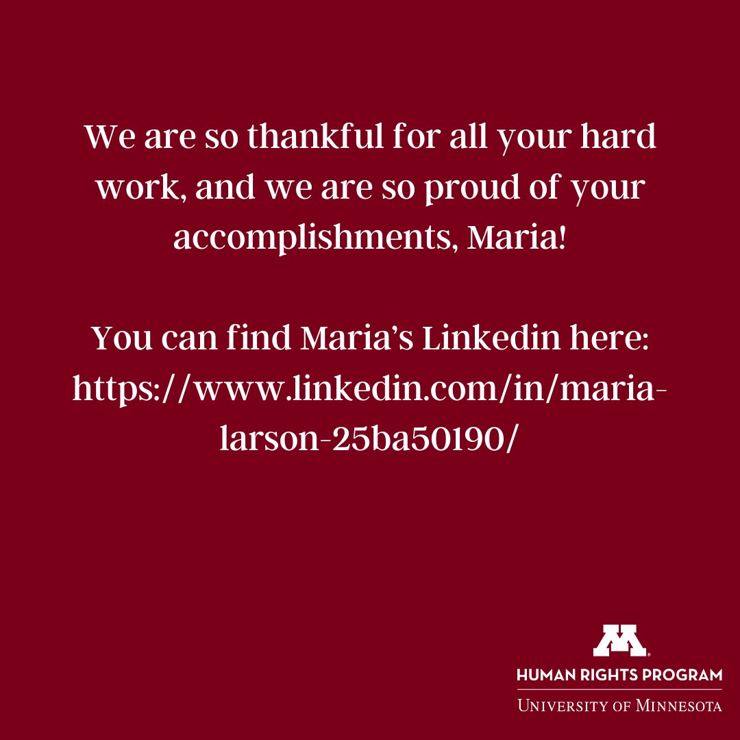 We additionally wanted to give a huge thank you to our incredible communication assistant and 2021 graduate, Maria Larson! Maria Larson is graduating from the College of Liberal Arts with a BA in Spanish and Global Studies. Read more about her in the graphics below! @umncla