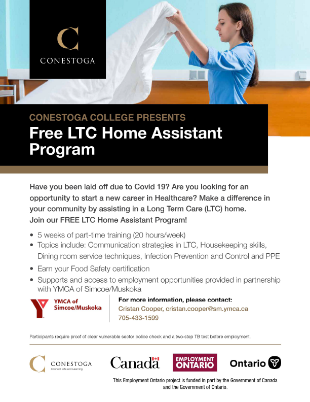 YMCA Community Services has partnered with Conestoga College to train Long Term Care Assistants - all online! 90 hours of free, part-time training starts every 5 weeks &amp; participants get a certificate from Conestoga College! 
➡️ To register email cristan.cooper@sm.ymca.ca