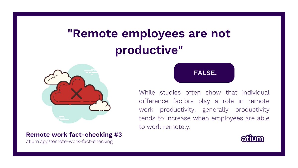 Remote work fact-checking Day 3 - 'Remote employees are not productive' ❌

If you want to find out how we reached our conclusions, you can read the full report here: buff.ly/2S8yPIc

See all facts in one thread 🧵! buff.ly/3bFDOXL