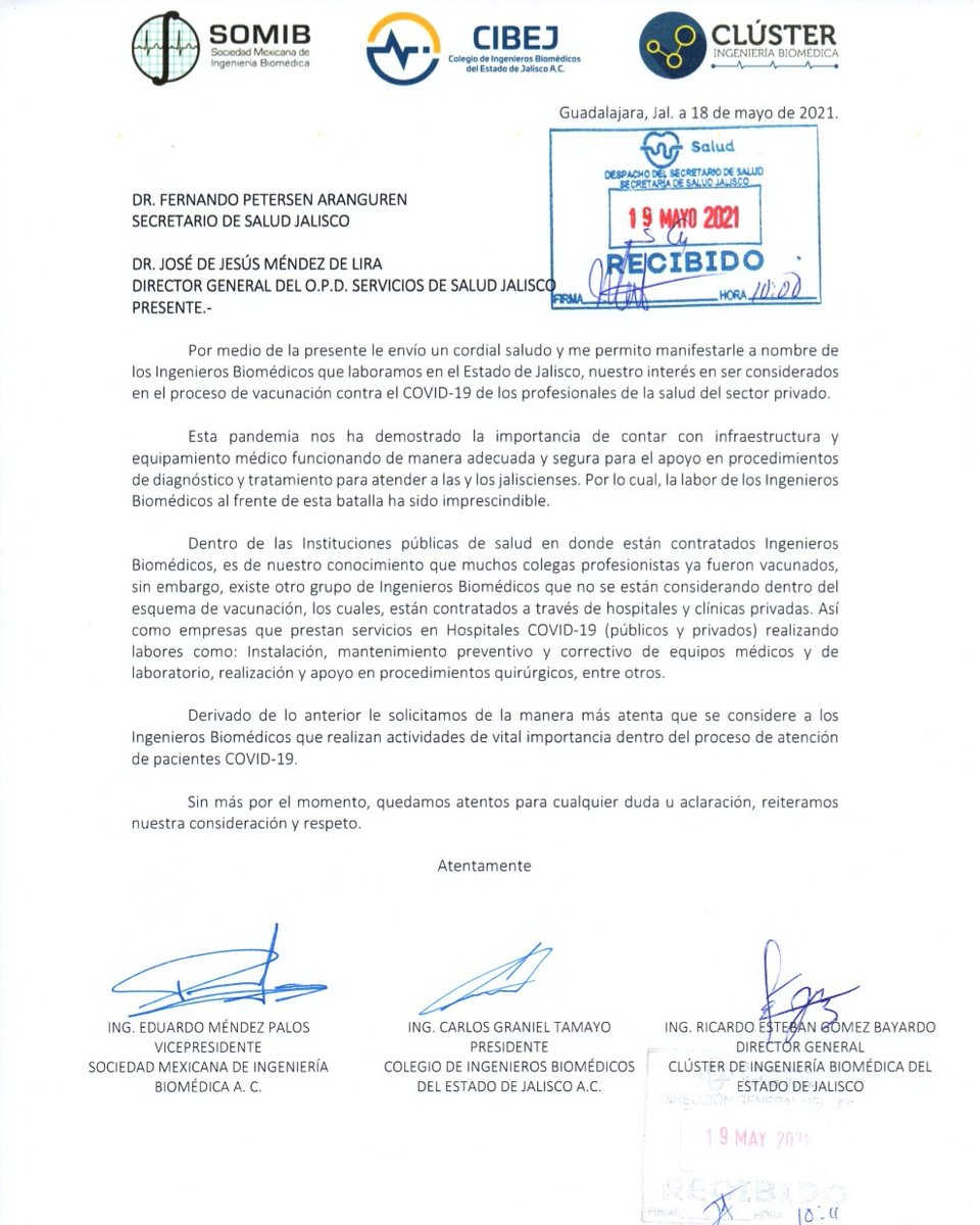 cibejac's tweet photo. A toda la comunidad de Ingeniería Biomédica en el Estado de Jalisco, 
El CIBEJ, en conjunto con la SOMIB y el Clúster de Ingeniería Biomédica, presentamos el día de hoy una petición para ser considerados en el proceso de vacunación con el COVID-19. https://t.co/9vGaOpkpNb