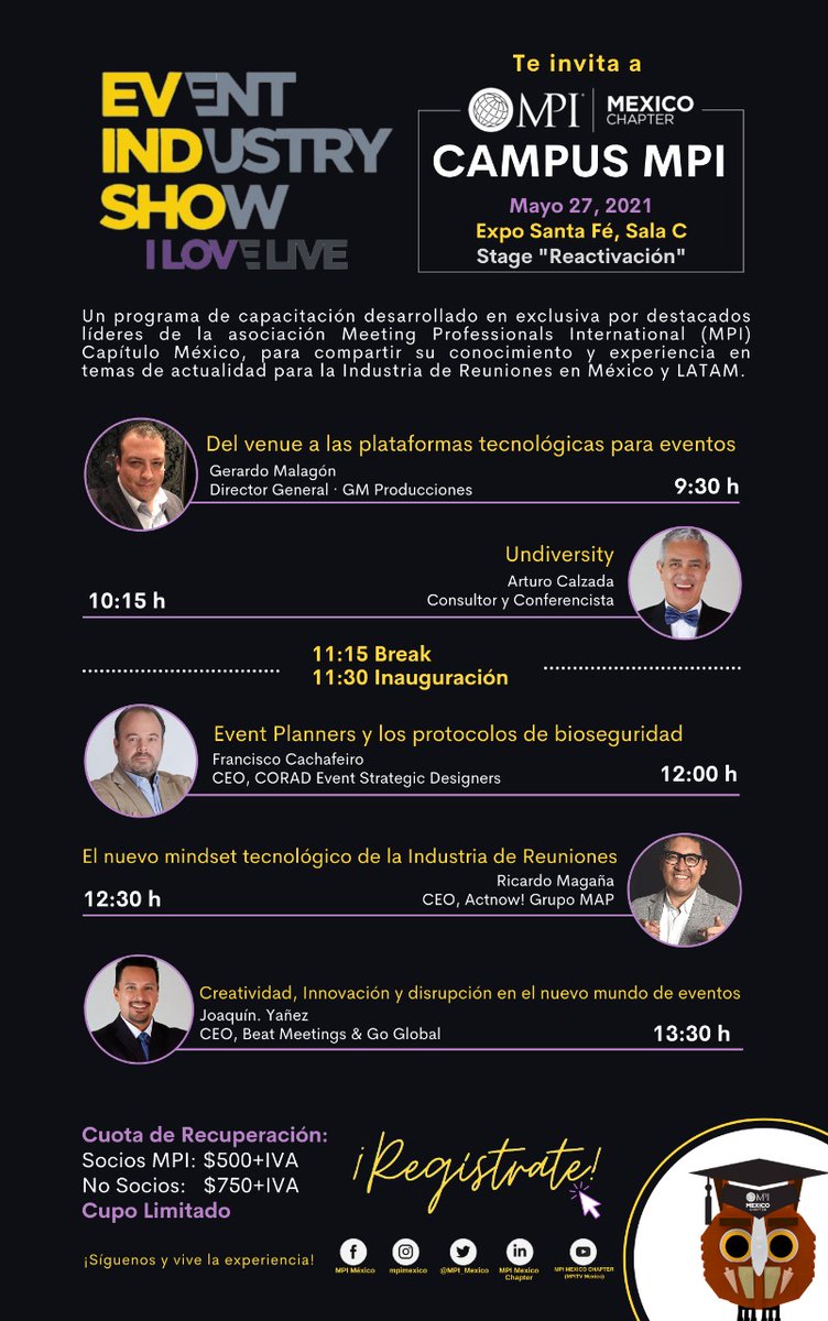 RESERVA TU LUGAR PARA EL CAMPUS MPI • 27/05/21

Te invitamos a nuestro primer #CampusMPI presencial de reactivación en el marco del #EIS2021.
Regístrate aquí: bit.ly/CampusMPI-EIS2…

<a href="/EIS_event/">Event Industry Show</a> <a href="/MPI/">MPI</a> <a href="/fcocachafeiro/">Francisco Cachafeiro</a> <a href="/germalagon/">Gerardo Malagon</a> <a href="/rickmagana/">Ricardo Magaña</a> <a href="/joaquinyanez/">Joaquin Yañez</a> #eventprofs #MICE