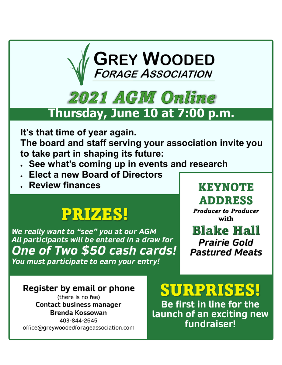 GreyWooded's tweet photo. AGM Online - prizes, announcements and a great speaker! #gwfa #blakehall #prairiegoldpasturedmeats
#soilhealth #livinglabs #rdar https://t.co/blSFyVTlYw