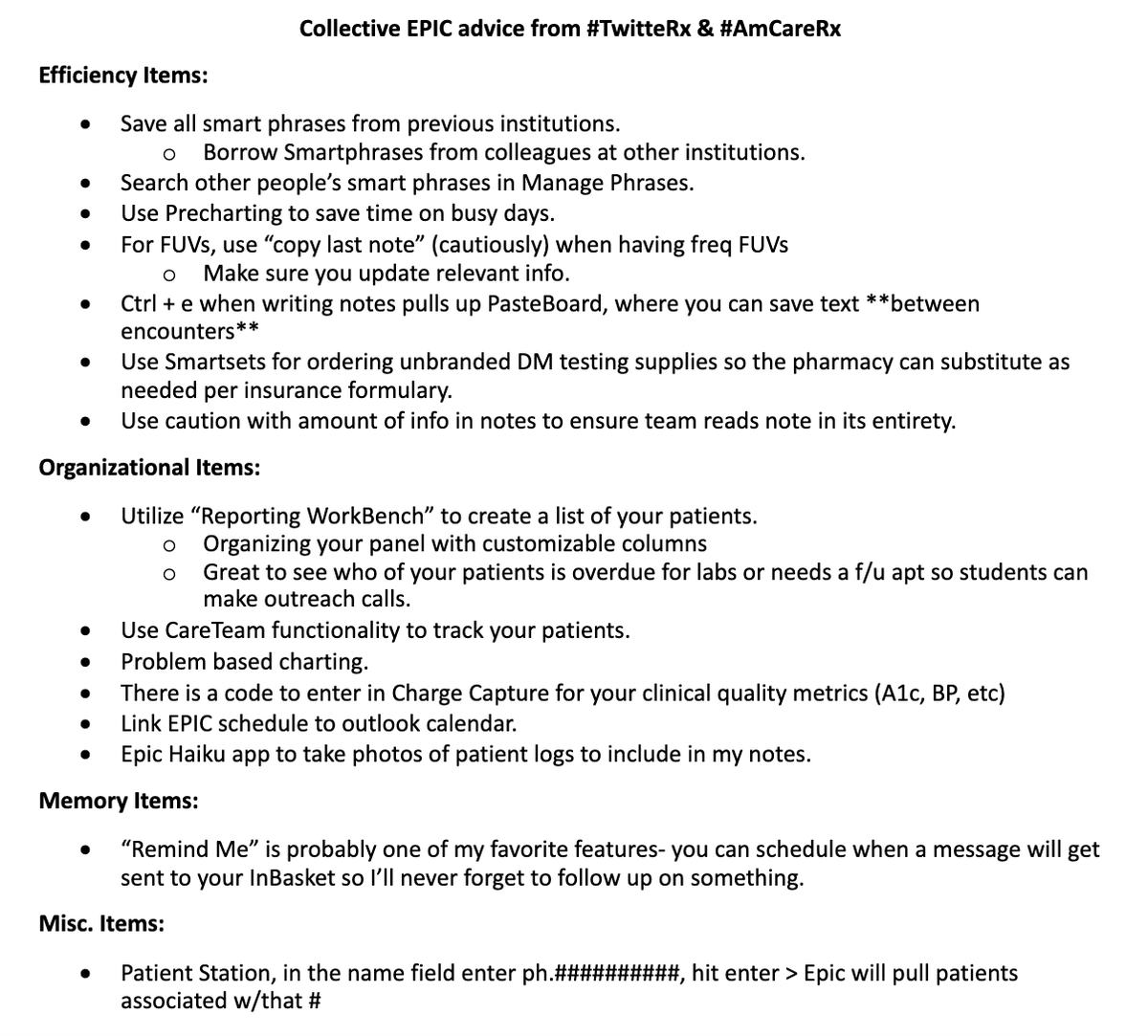 NRosarioPharmD's tweet photo. Tried to make a summary doc from all the amazing recs! I still don't know how to do all of them, but I will be learning a lot this next week as I play around in EPIC :) https://t.co/WDlSnYFBuy