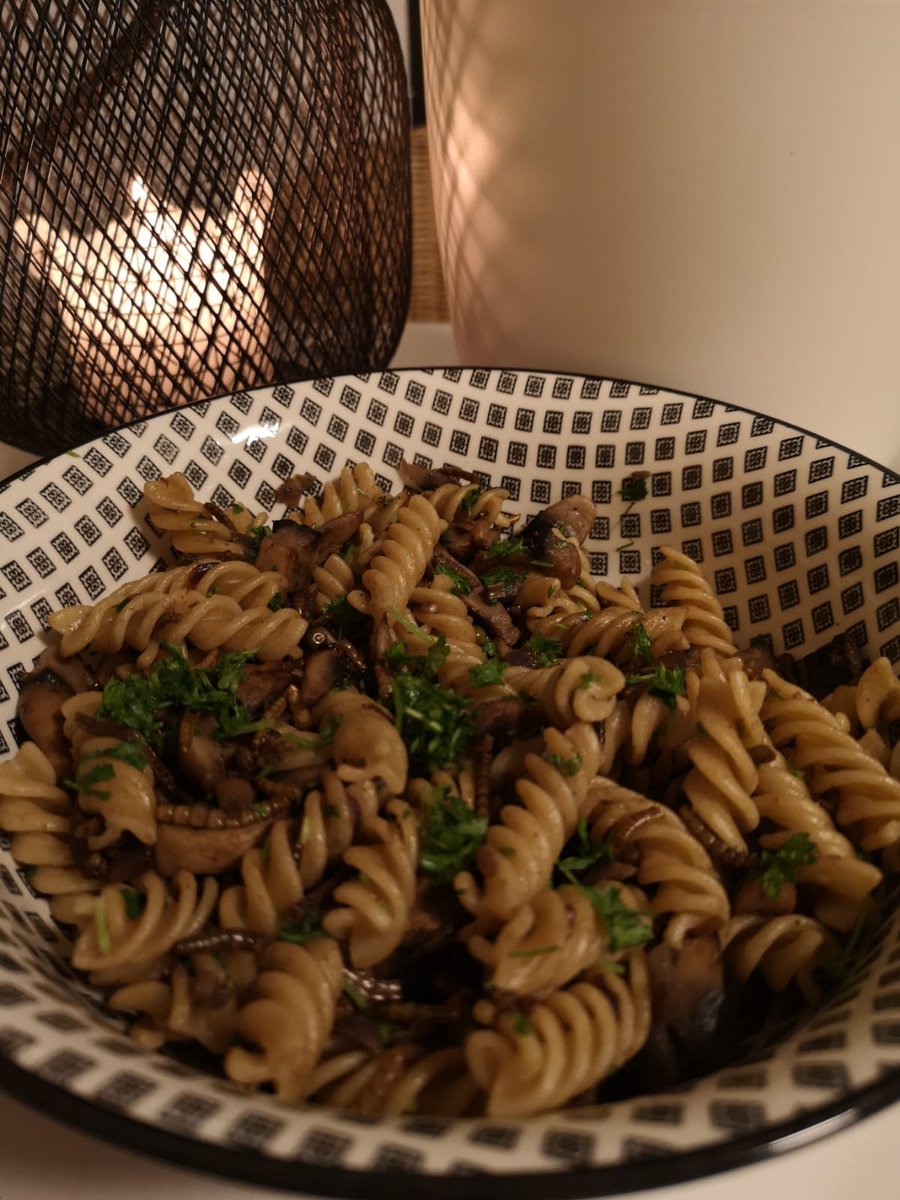 Heute im #Feierabend-Bier gabs einen Koch-Livestream von Azubi Nils. Auf dem Speiseplan stehen eine Nudel-Pilz-Mehlwurm-Pfanne sowie in Parmesan parnierte Grillen. 

<a href="/DerPate/">DerPate</a> – Lust auf einen Gastbeitrag auf fressfreunde.de?