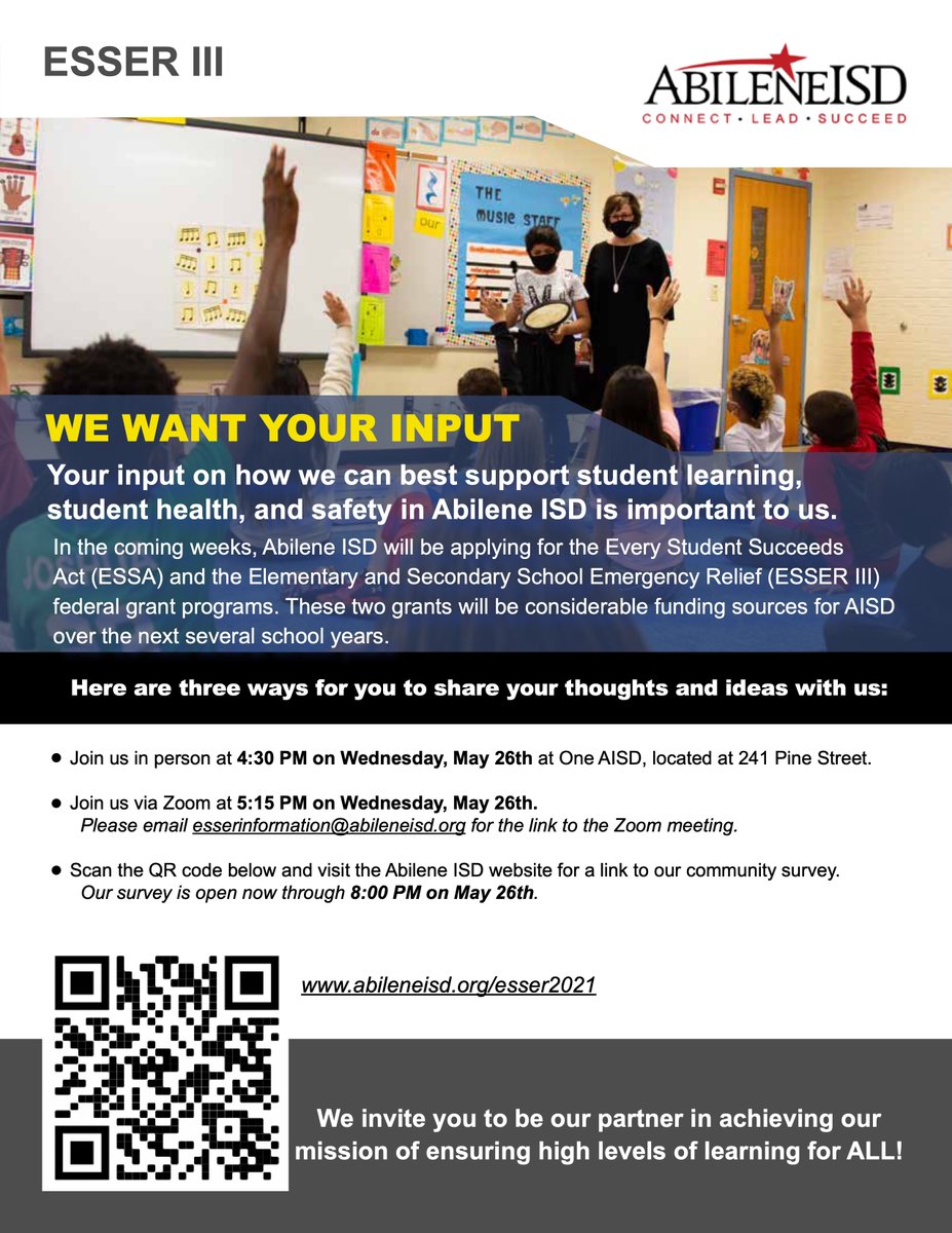 The Abilene ISD is seeking community input as we create our plan for using American Rescue Plan funds. Click here to provide your feedback: abileneisd.org/esser2021 #ComeTogetherAISD