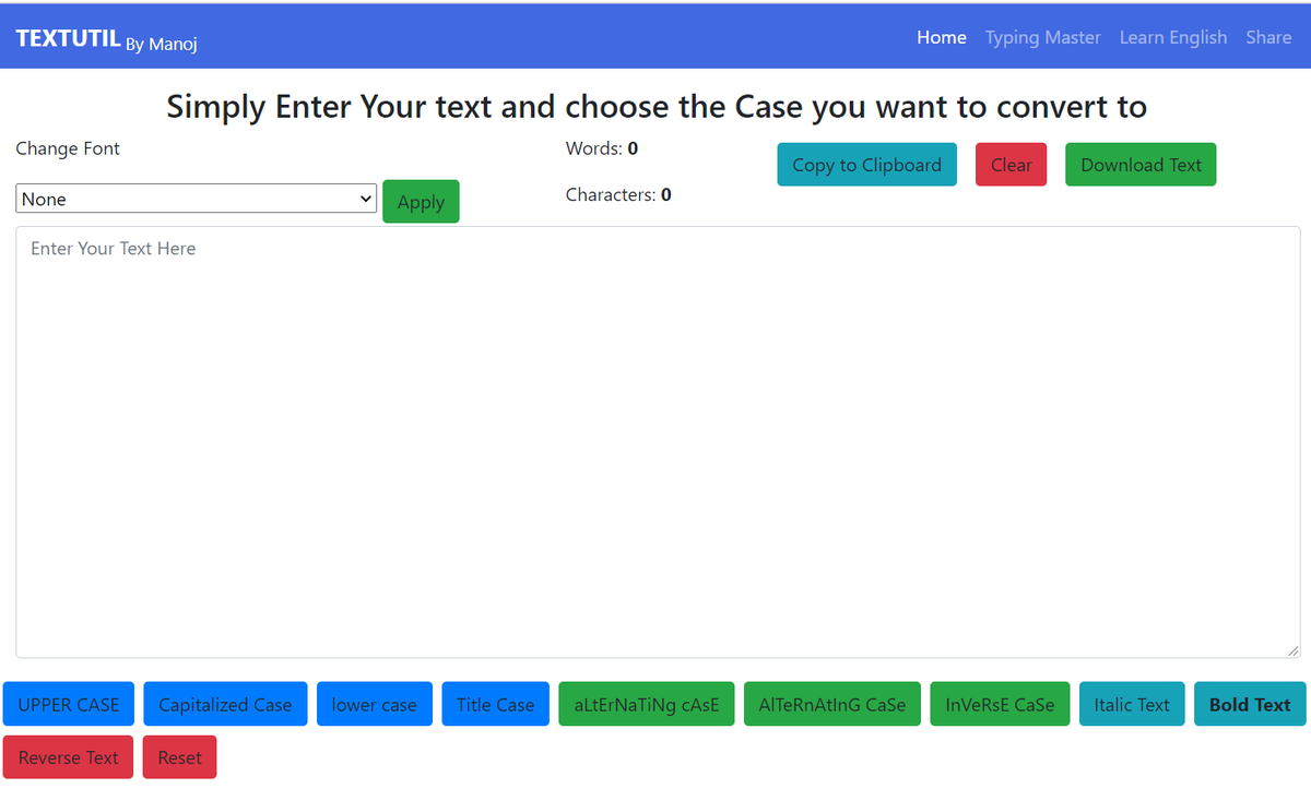 manojkushwaha__'s tweet image. TextUtil-Convert upper case to lower case, lower case to upper case, and more! 
#javascript #Basic #projects #CSS #webdevelopment 
mjmaurya.github.io/textutil/ #textutil