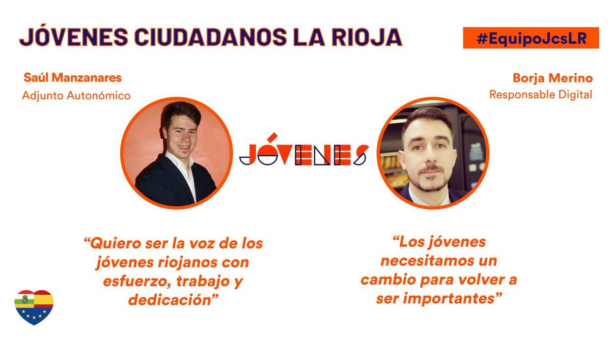 Hoy os queremos presentar a
nuestro #EquipoJcsLR 🍊🍇

@ManzanaresSaul Adjunto autonómico y @B_Merino_3
REDIC

#jovenesciudadanos #ciudadanoslarioja